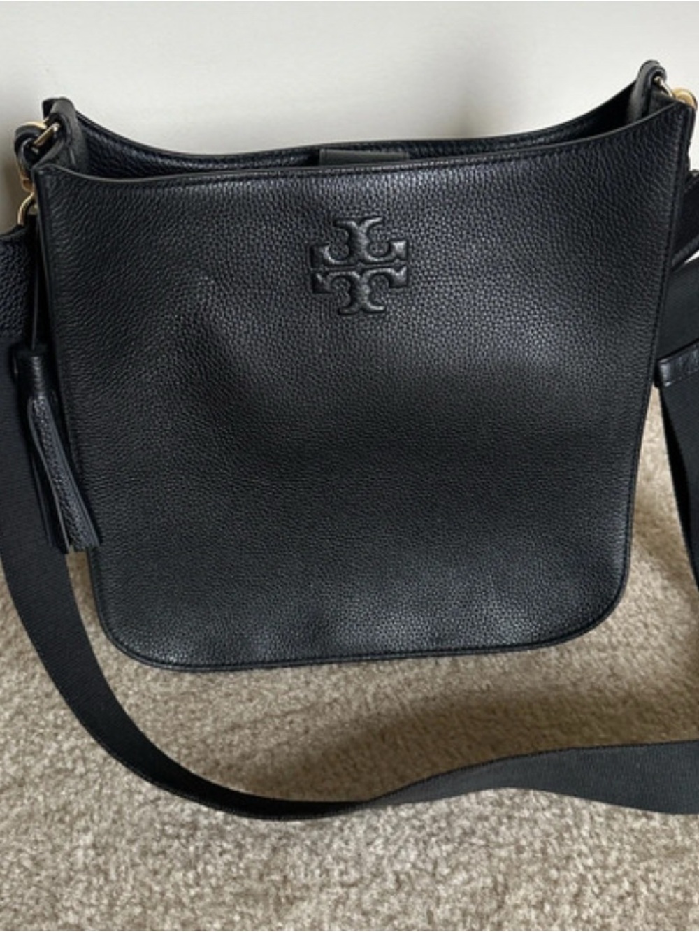 Tory Burch Black Pebbled Leather Logo Crossbody